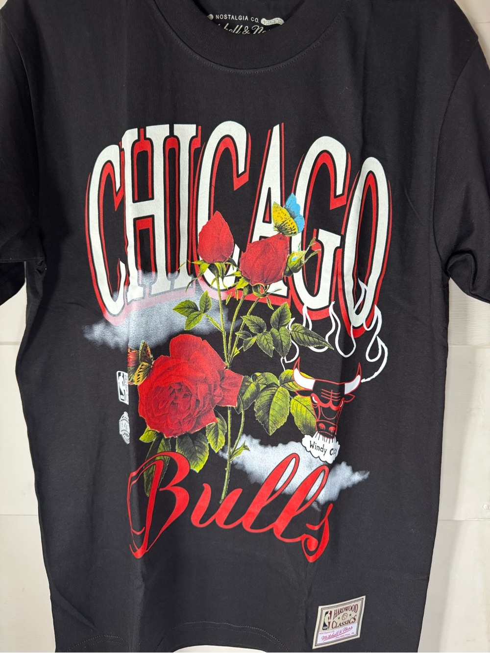 Chicago Bulls Black Graphic Tee with Red Rose Motif
